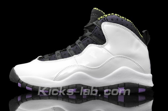 white and purple jordans 10