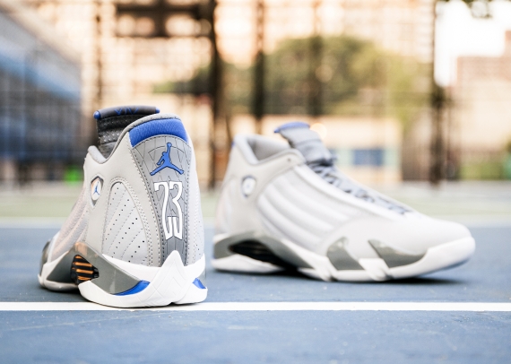 Jordan 14 grey and blue best sale