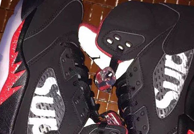 Here's What The Supreme x Air Jordan 5 “Black” Looks Like On-Feet •