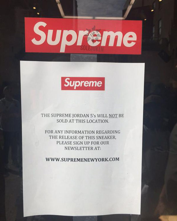 The Supreme x Air Jordan 5's Won't Release In-Store at Supreme 