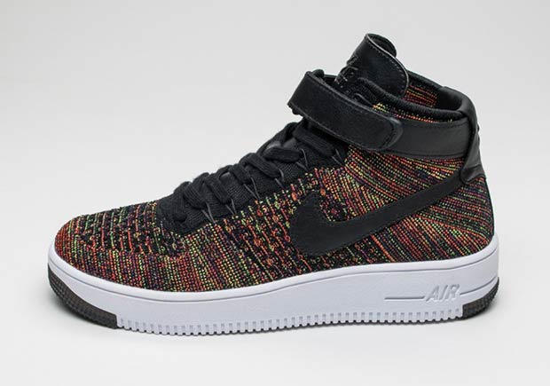 The Air Force 1， Flyknit， and the famous multi-color motif all combine once again. This time it's an AF1 Mid and a black-based rainbow colorway， ...