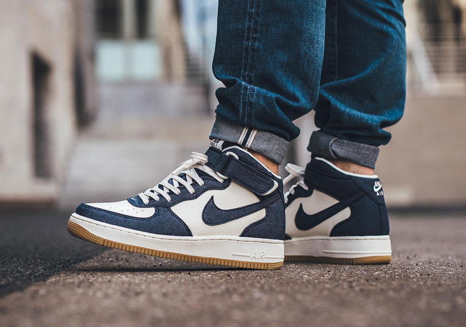 blue jean and brown air force ones