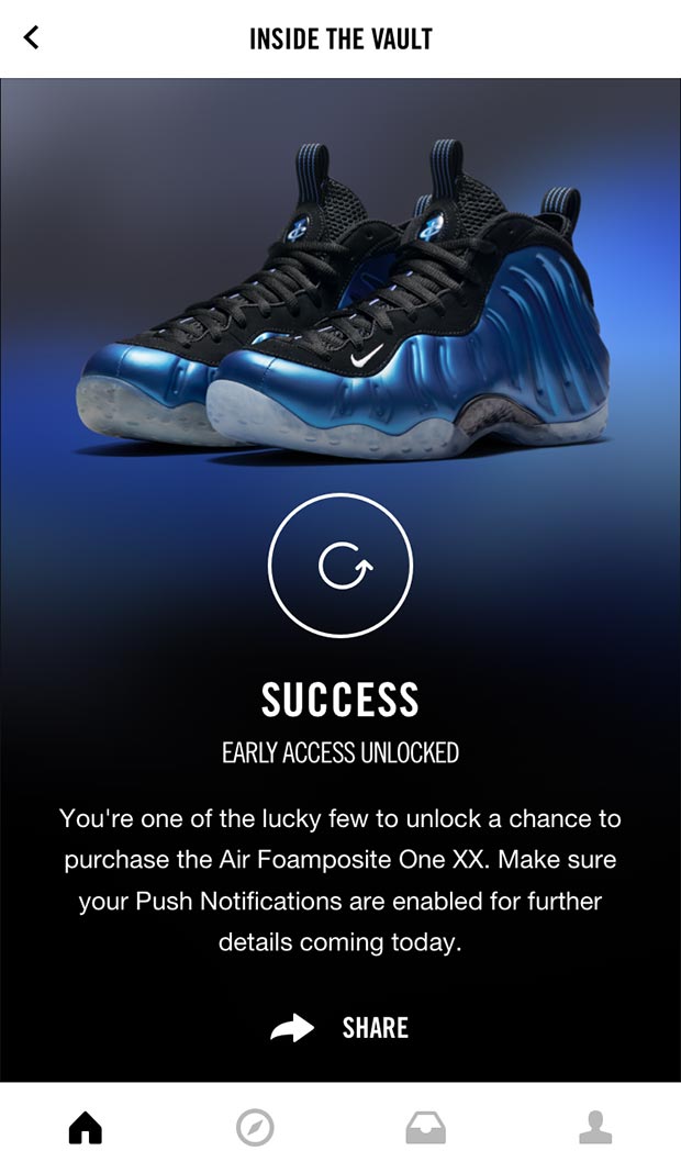 Nike Snkrs Foamposite Royal Early Access 1