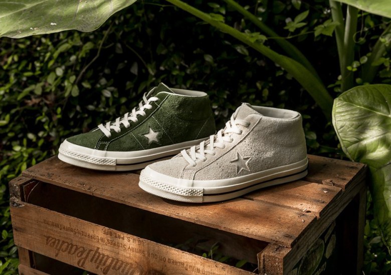 The 10022622-A10 converse one star sunbaked turf orange bleached coral Mid Drops In Premium Green and Grey Suede