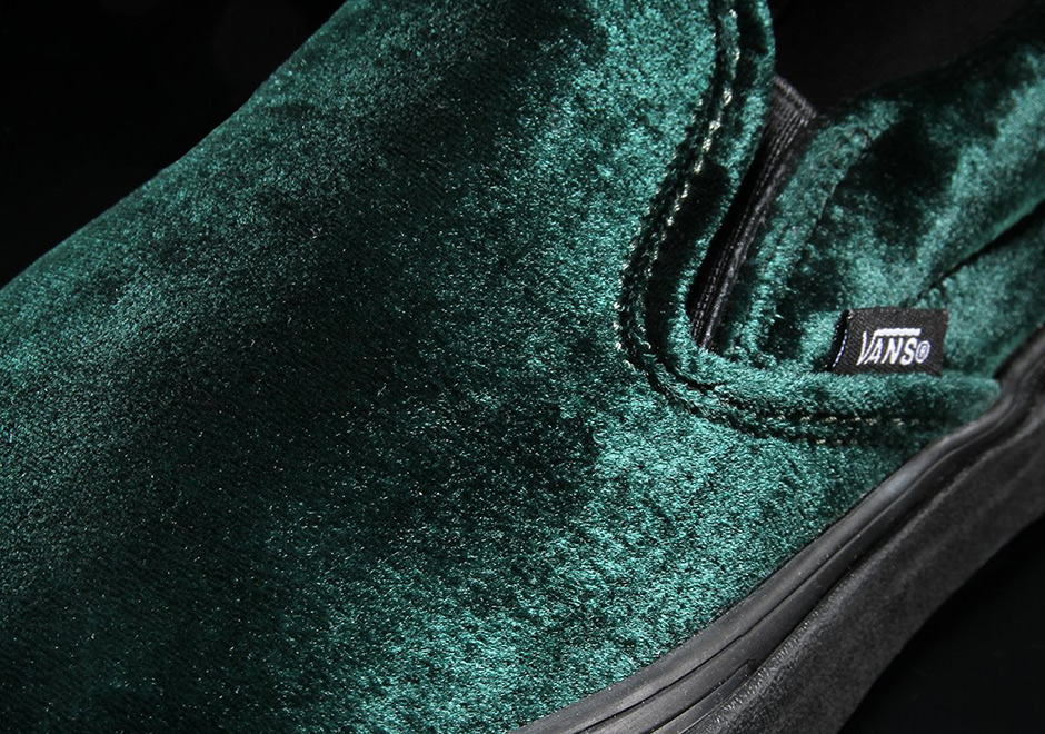 Green velvet cheap vans slip ons