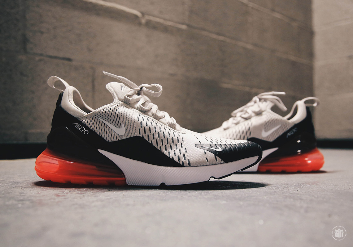 Nike Air Max 270. Release Date: March 2nd， 2018 $150. Color: Light Bone/White-Black-Hot Punch