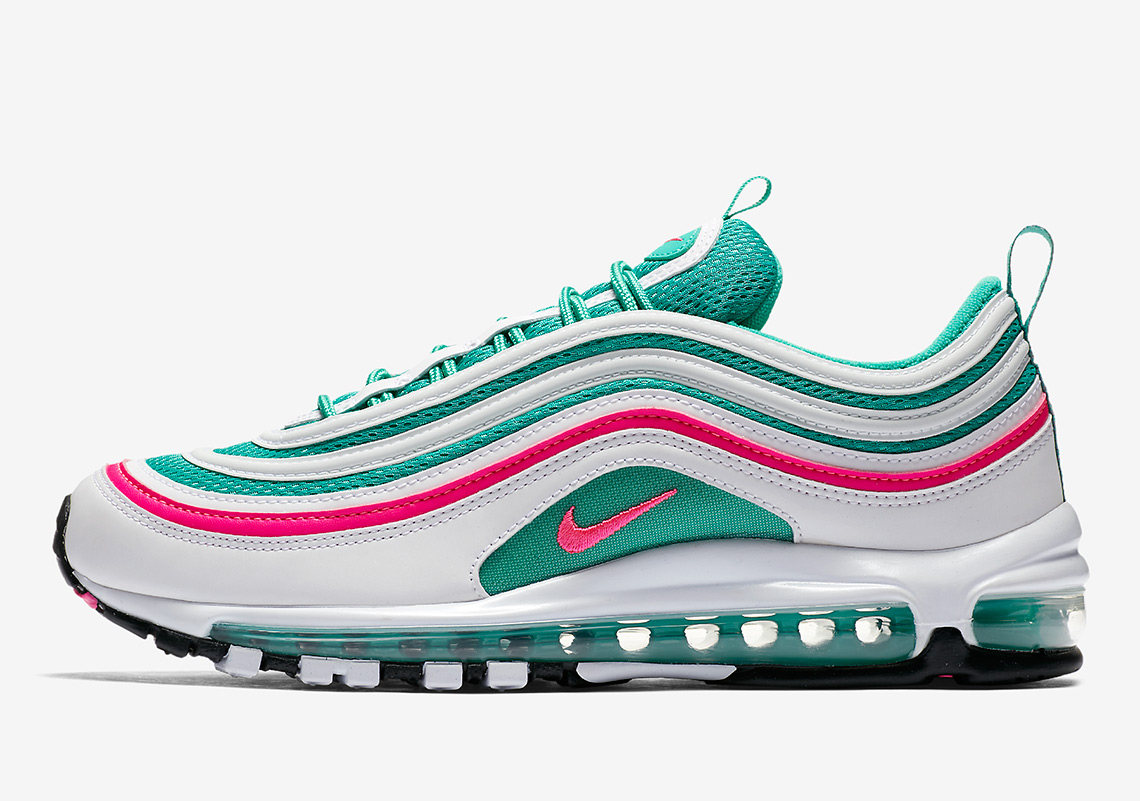 Nike Air Max 97. Release Date: March 31， 2018. AVAILABLE AT Nike$160. Color: White/Pink Blast-Kinetic Green-Black