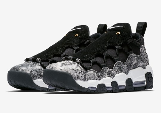 The fuse nike Air More Money LX Features Crinkled Black Leather