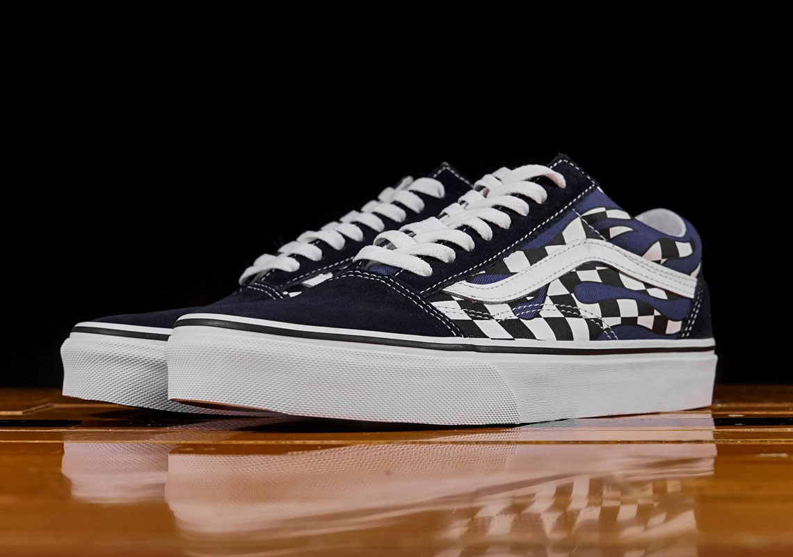 blue checkered vans with flames