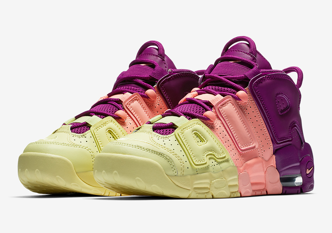 nike uptempo yellow pink purple