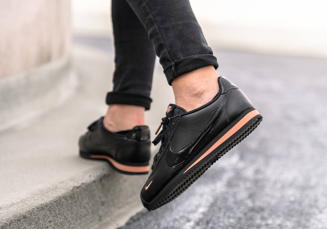 rose gold and black nike cortez