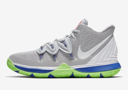 This Boys Exclusive Nike Kyrie 5 features Grey, Lime, And Blue Hits