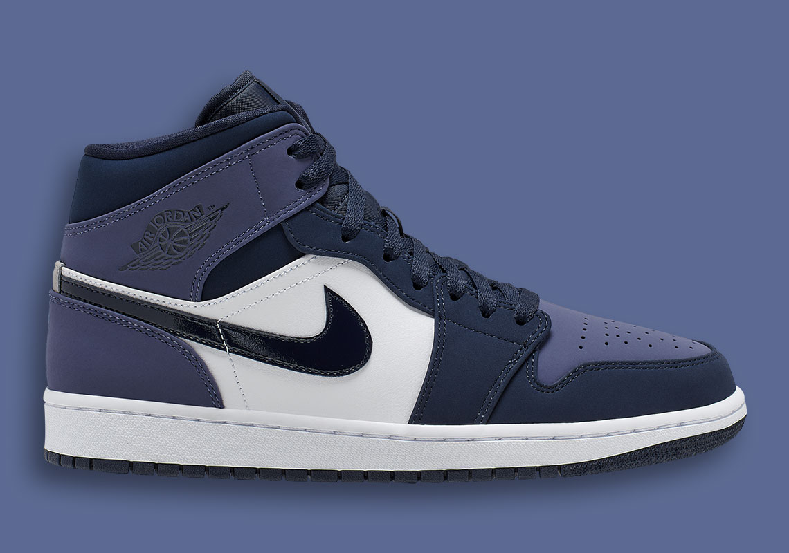 jordan 1 mid obsidian sanded purple on feet