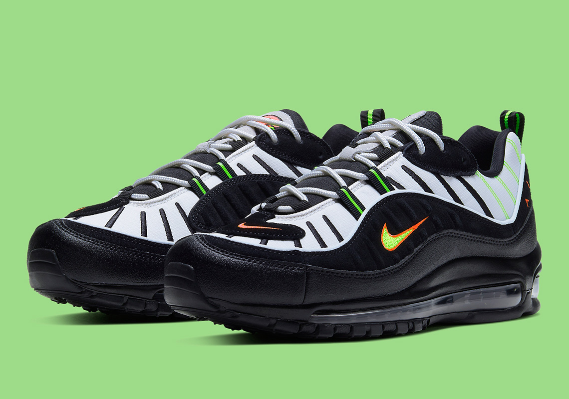 nike air max 98 trainers in white and neon green