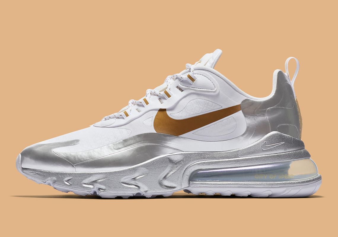 The Nike Air Max 270 React Pairs Silver And Gold Metallics With Its "City Of Speed" Colorway