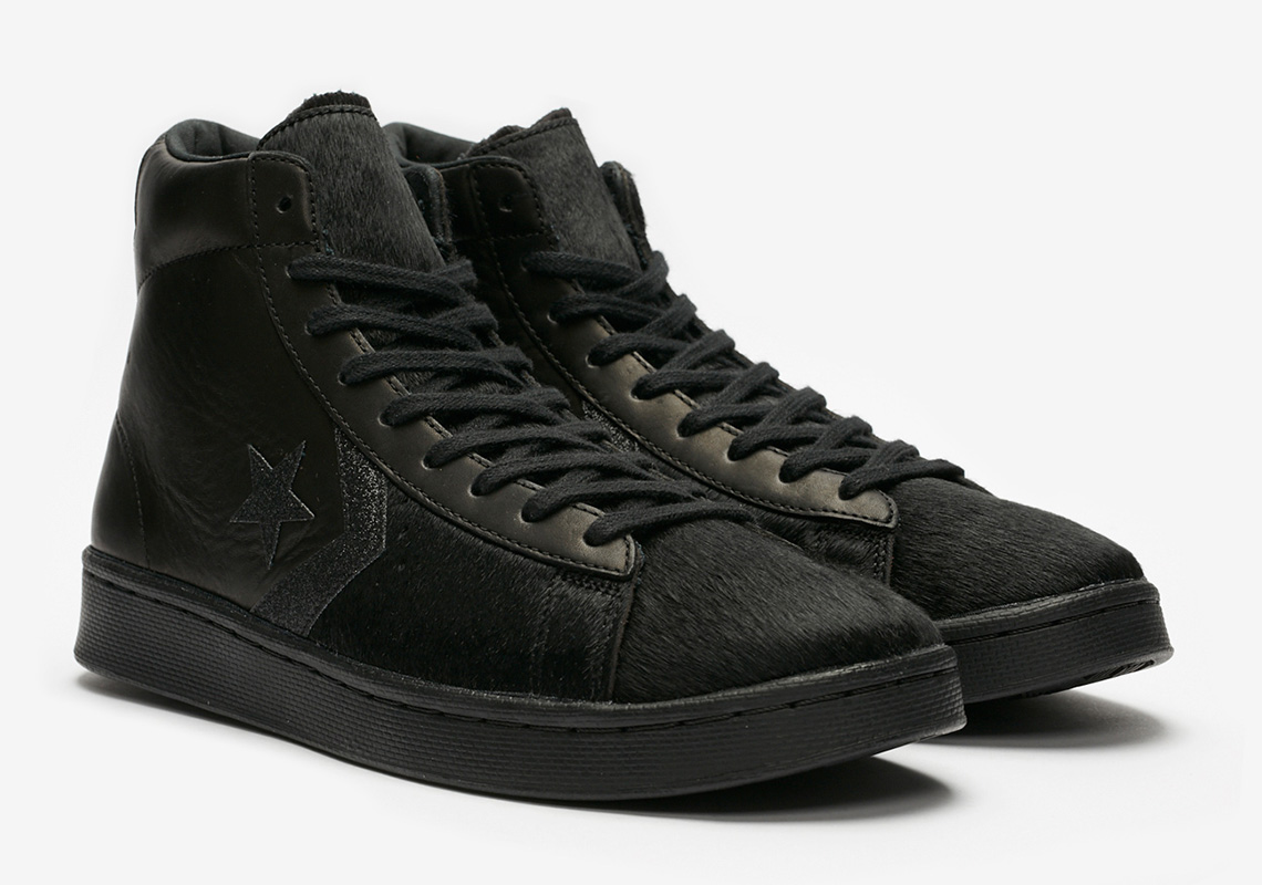 The Converse Pro Leather Mid Goes Triple Black With Leather And Pony Hair