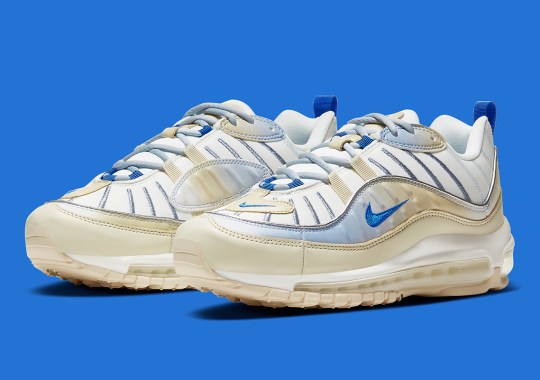 The Nike Air Max 98 LX For Women Appears In A Buttery Gold And Royal Mix