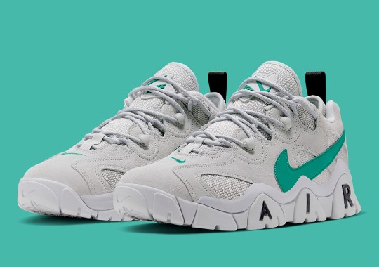 The Nike Air Barrage Low Applies Neptune Green Swooshes To Grey Fog Uppers