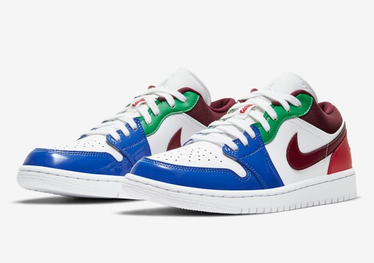 A Multi-Colored Air Jordan 1 Low Combines Patent And Smooth Leather