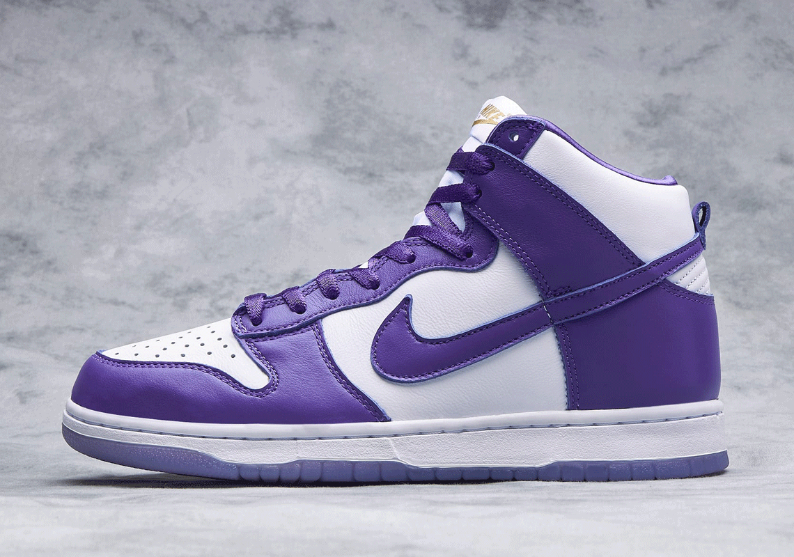purple and white dunks