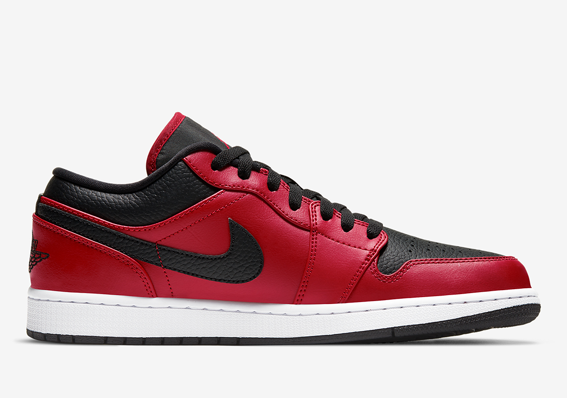 Tumbled leathers appear on this inverted Air Jordan 1 Low "Banned"