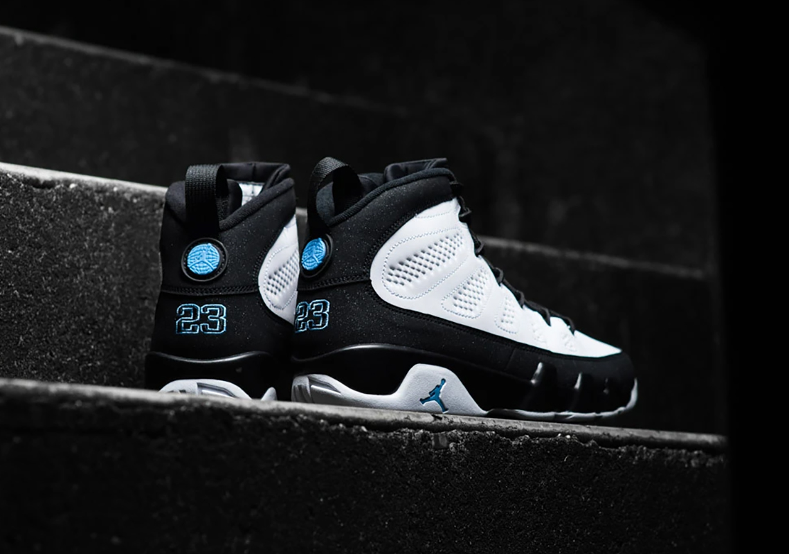 jordan 9 university blue on feet