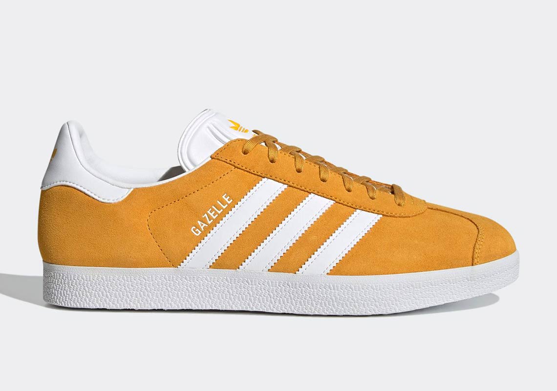 purple and yellow adidas gazelles