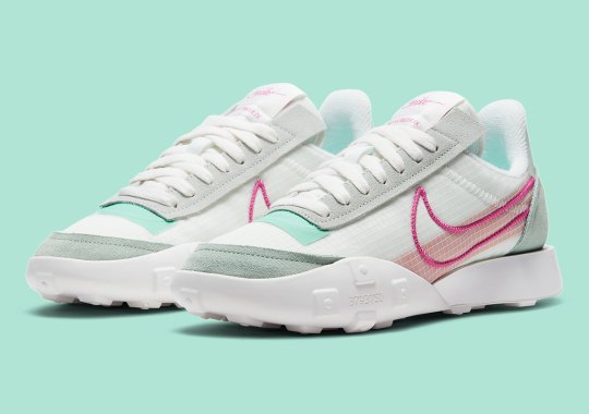 The screen Nike Waffle Racer 2X Revamps Classic Runner Styles With Pink and Mint Details