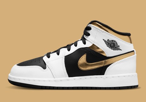 Air Jordan 1 Mid Kids White Black Gold 554725-190 | SneakerNews.com