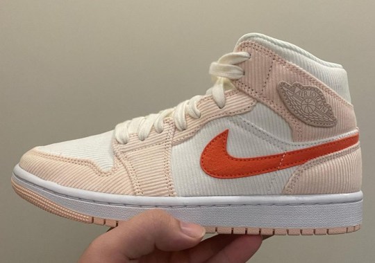 A Kid’s Air Jordan 1 Mid Appears In Light Pink And Crimson Corduroy