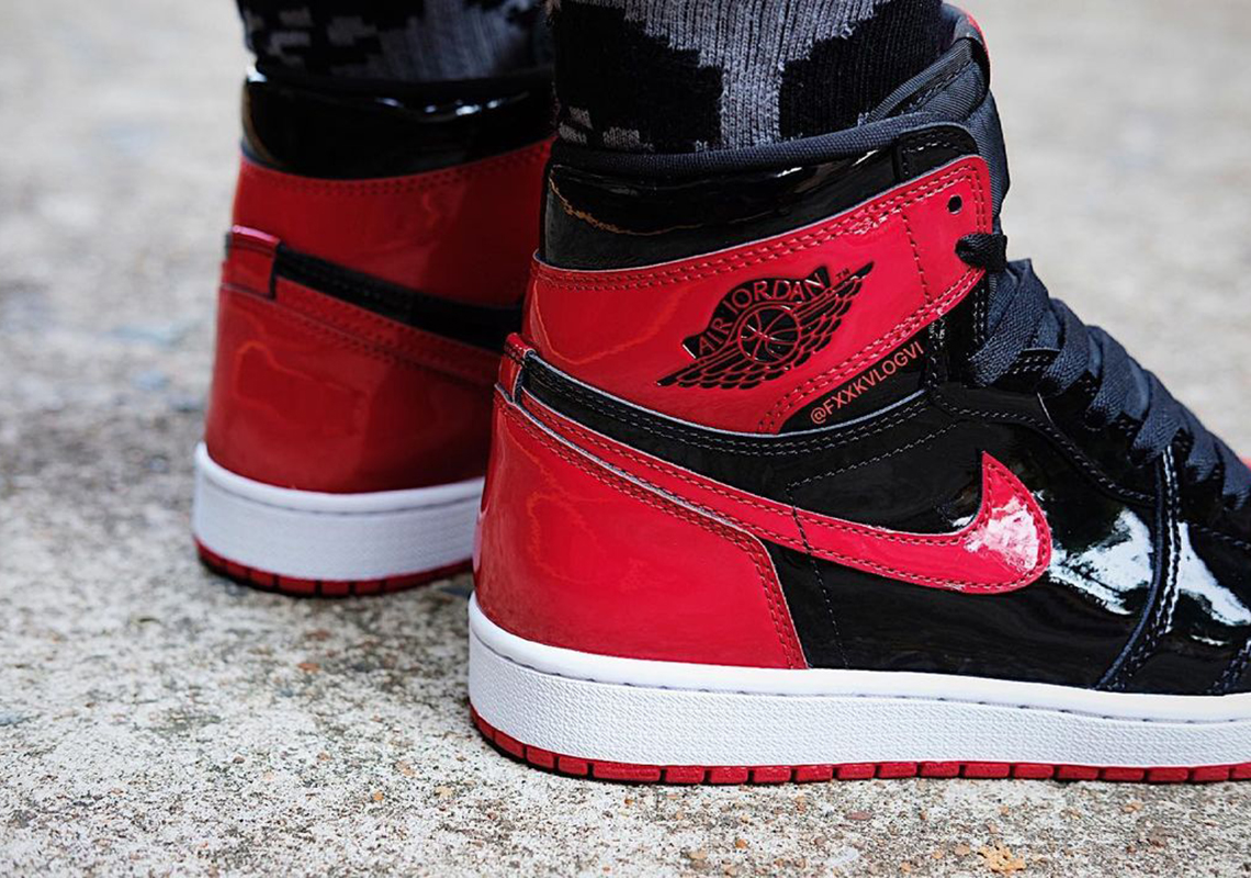 black and red patent leather jordans 1