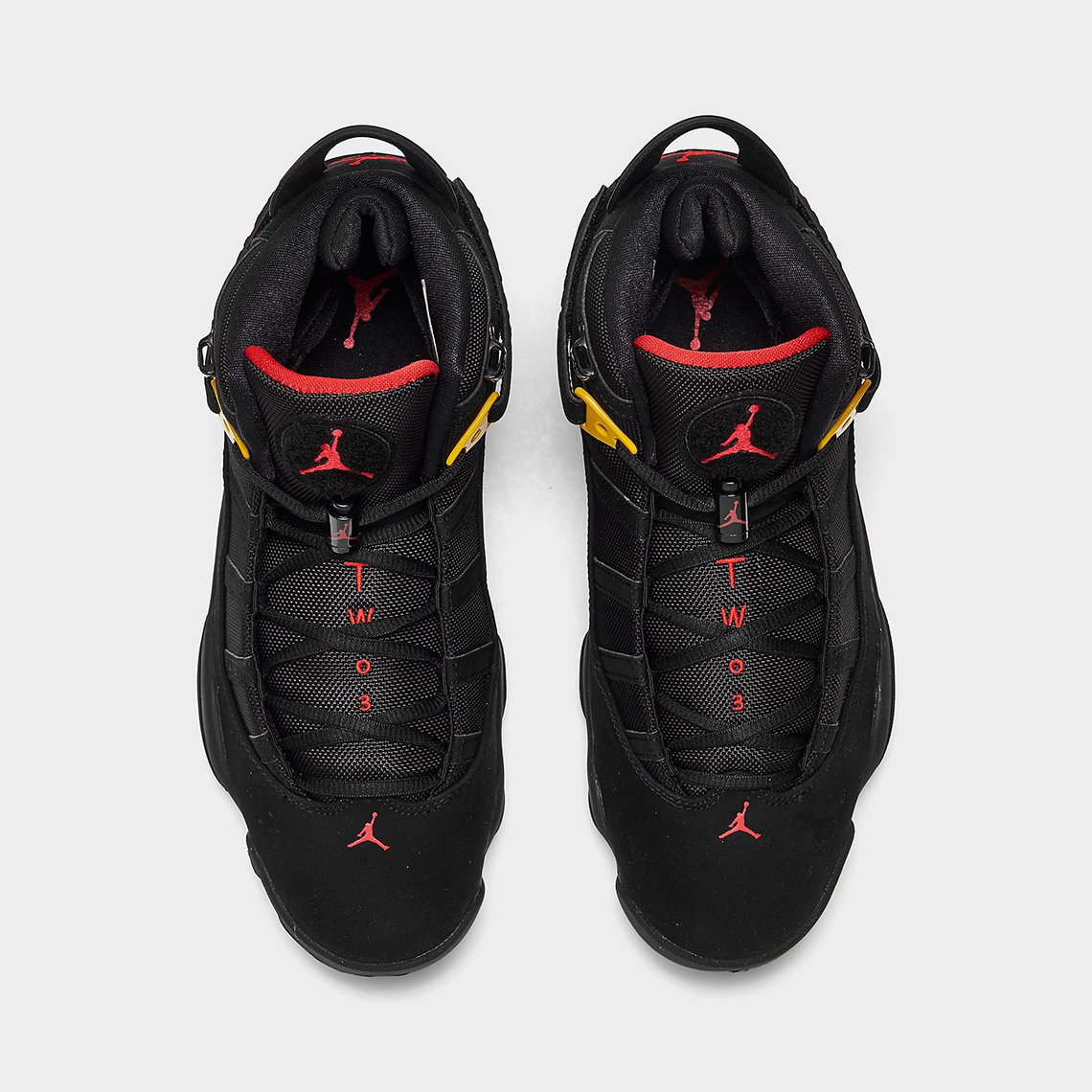 6 ring jordans black and red