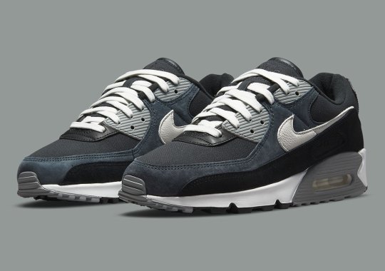 Suede, Canvas, And Leather Materials Make Up This Nike Air Max 90 In Black And Grey