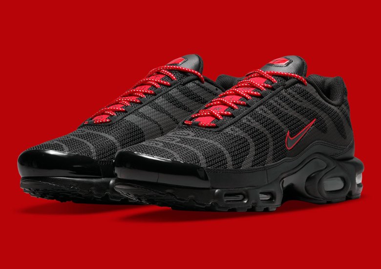 Nike Air Max Plus Suited In Black Reflective Uppers And Red Accents -