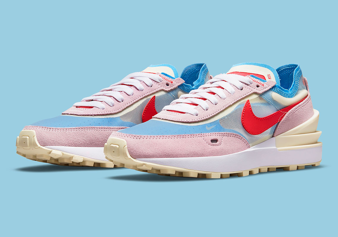 The Women's Nike Waffle One Contrasts Muted Pastels With A Vibrant Red/Blue Combo