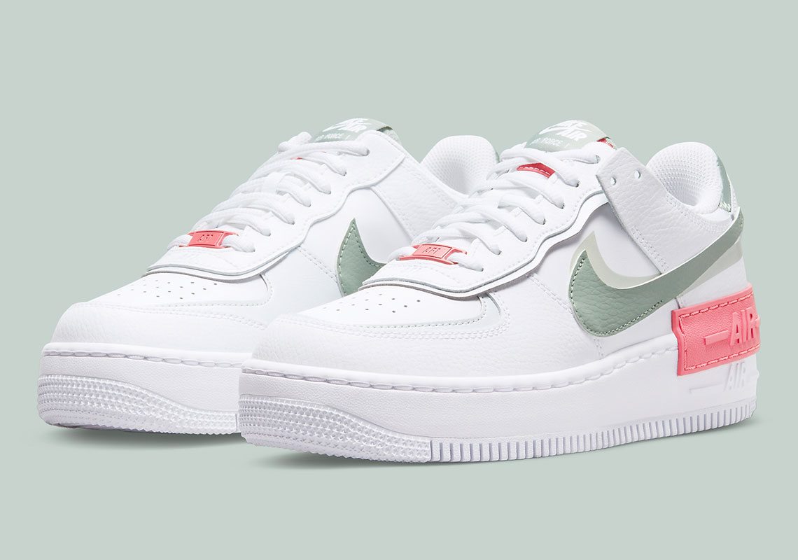 Nike Air Force 1 Shadow trainers in white pink and green