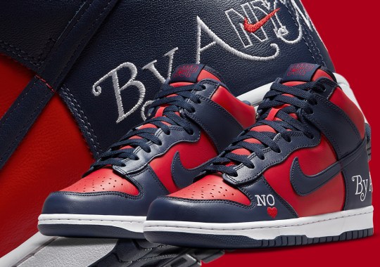 Official Images Of The Supreme x Nike SB Dunk High “By Any Means” In Navy/Red