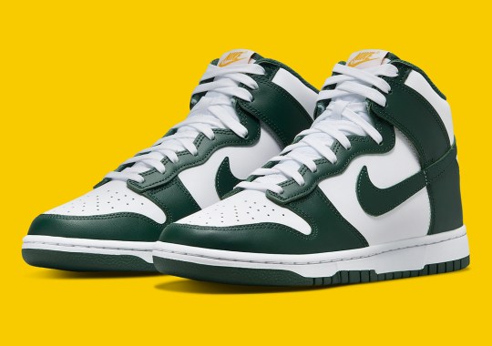Rich Gold Accents Compliment The Latest Green And White-Colored Nike Dunk High