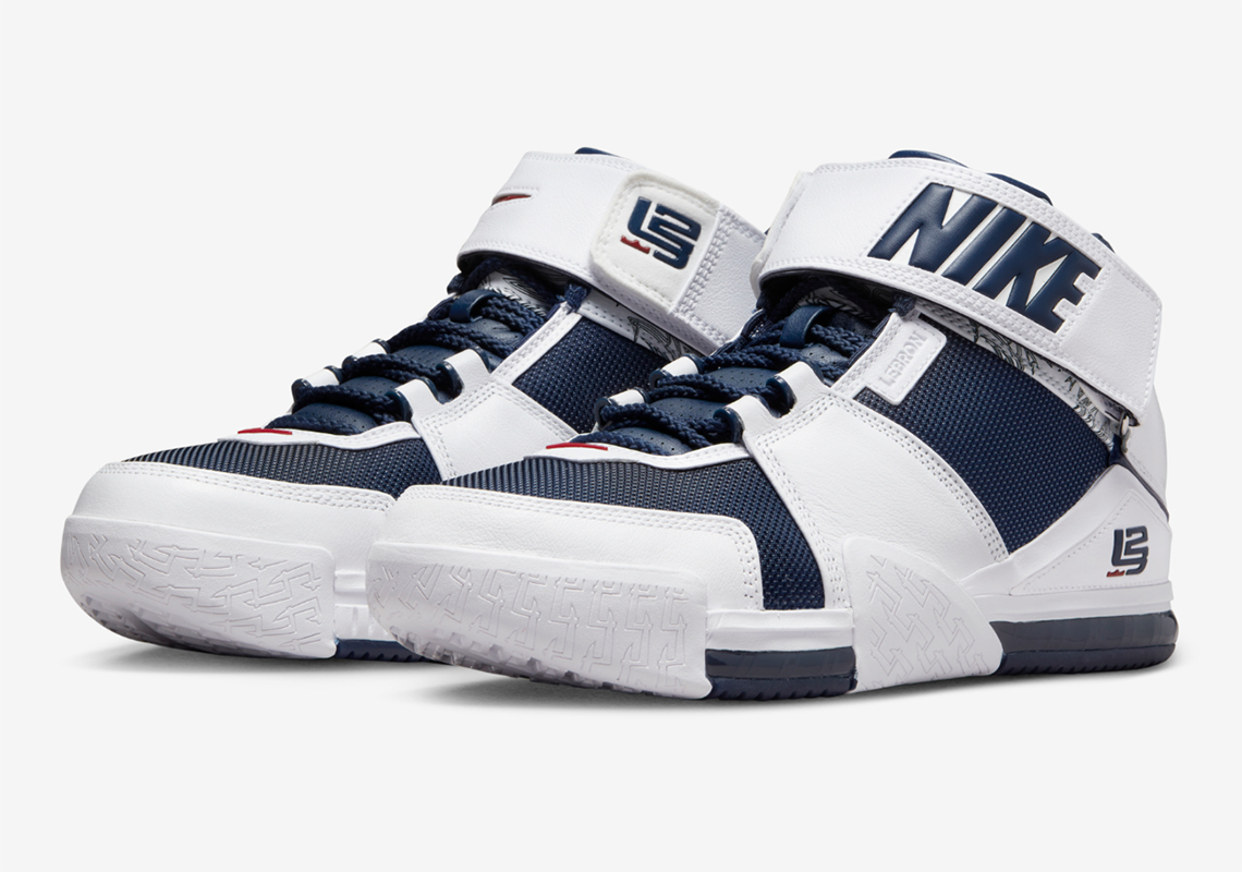 Nike LeBron 2 Retro USA White Midnight Navy Varsity Crimson DR0826 100 SneakerNews