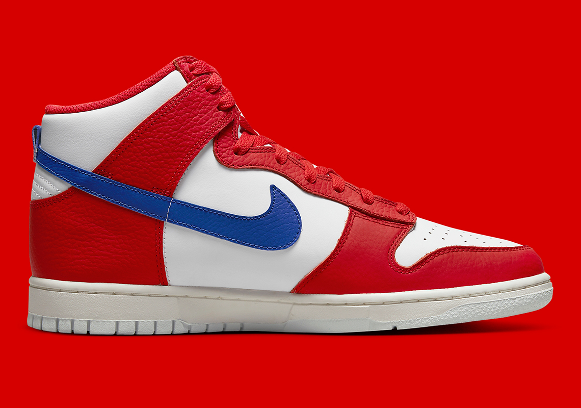 nike dunk high red white blue