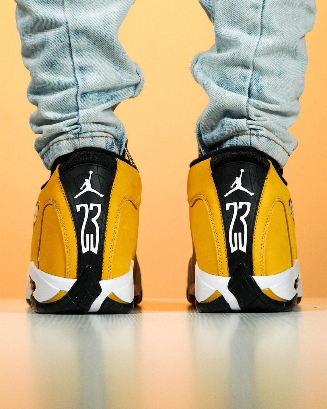 Jordan 14 store yellow on feet