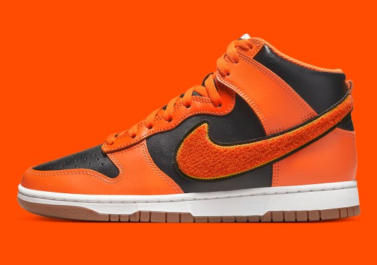 Nike Adds Big, Chenille-Covered Swooshes To This Black And Orange Dunk High