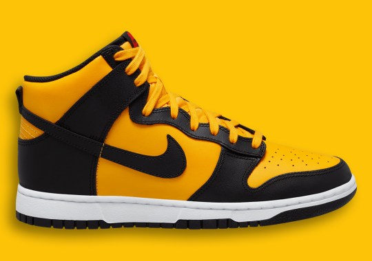 The Nike Dunk High Combines University Gold, Black, And Habanero Red