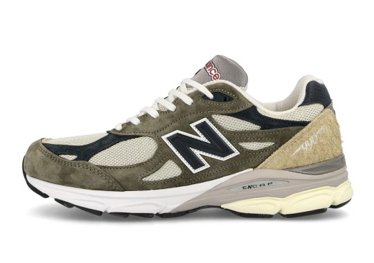 The New Balance 990v3 Made In USA Dressed In Olive, Navy, And Grey