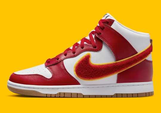 “Gym Red” Chenille Swooshes Animate This Nike Dunk High