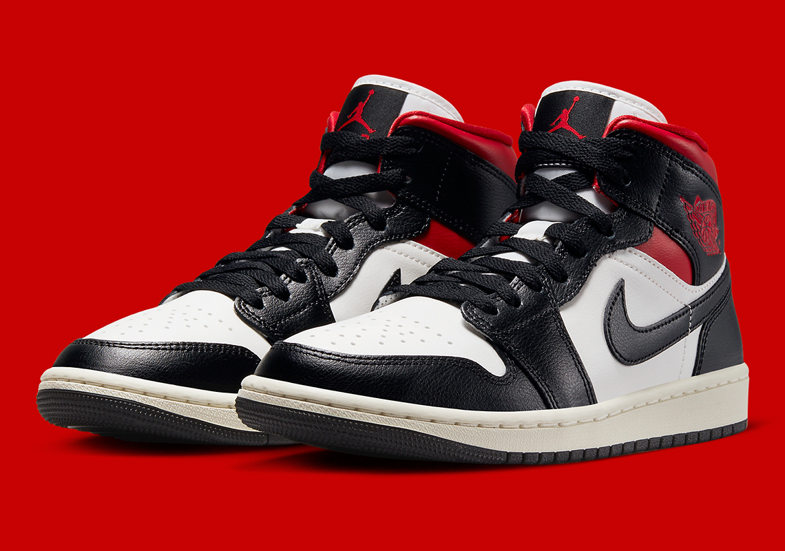 This Women's Air Jordan 1 Mid Pairs Black With A Touch Of Gym Red