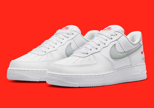 Triple Red And Grey Swooshes Liven This Triple-White Nike Air Force 1 Ensemble