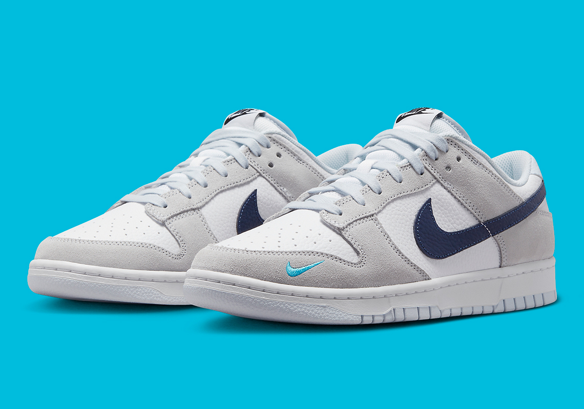 Blue Miniature Swooshes Animate This Mostly Grey Nike Dunk Low