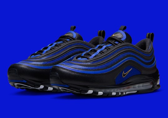 Gold Branding Rounds Out This Nike Air Max 97 “Black/Royal”