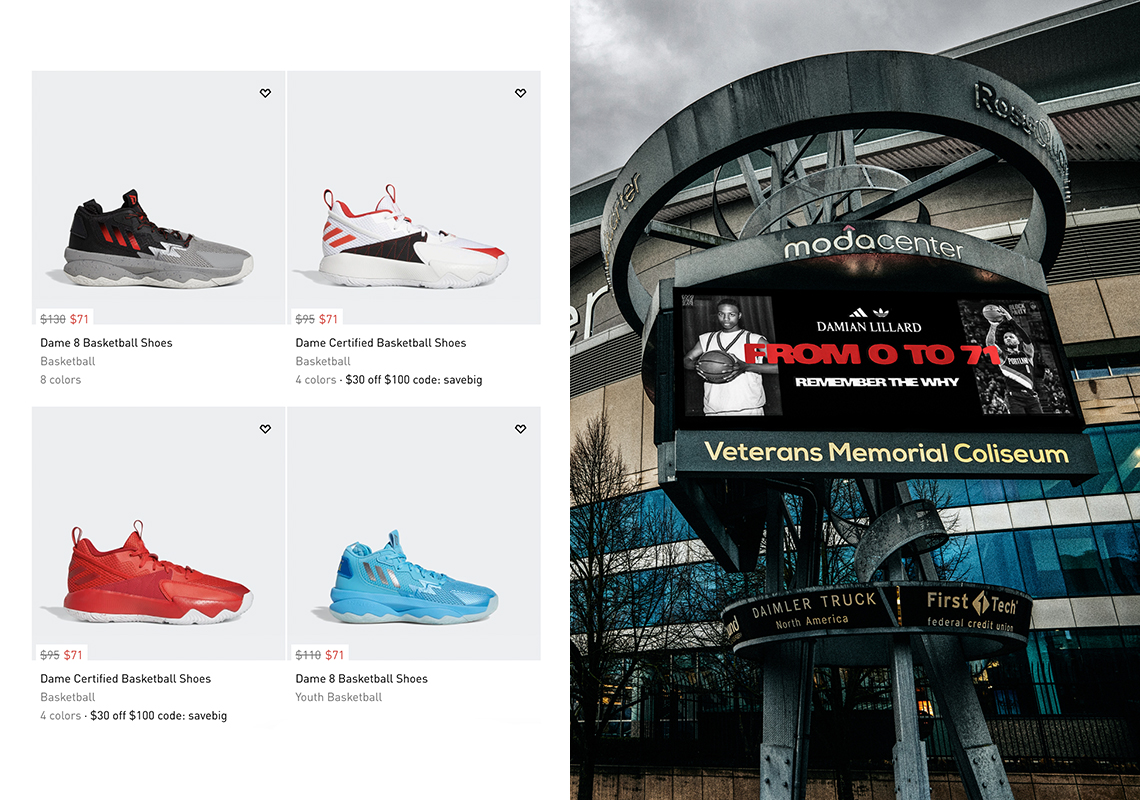 adidas Basketball Honors Damian Lillard's 71 Point Performance With Billboards, Donation To Charity, And $71 Dame 8 Prices